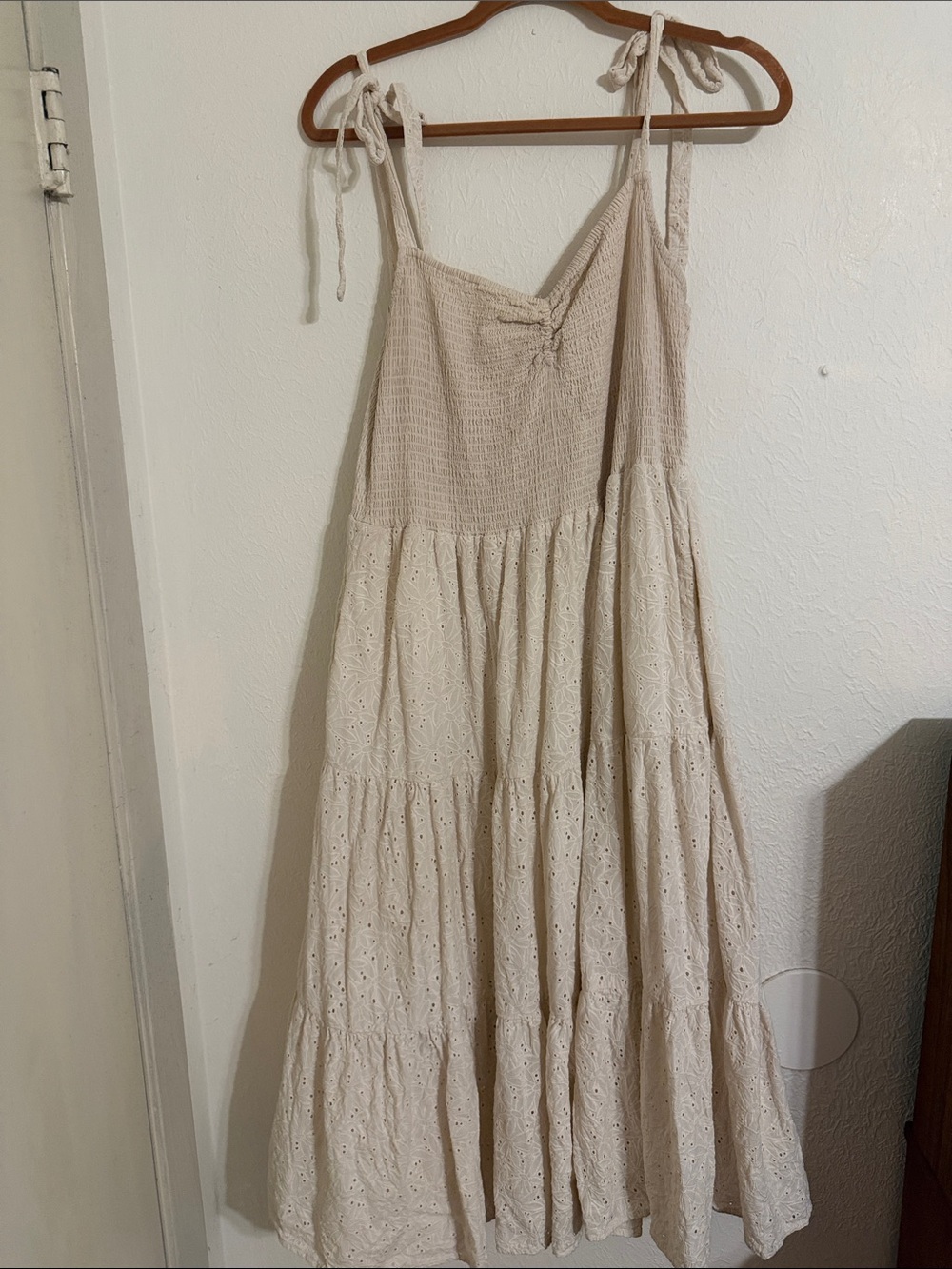 Smocked Eyelet Maxi Dress with Tie Straps - Cream Madewell